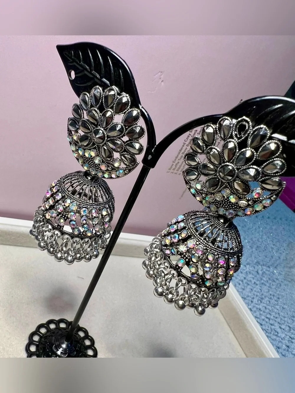 Silver Jhumka Earrings with Iridescent Crystal Accents